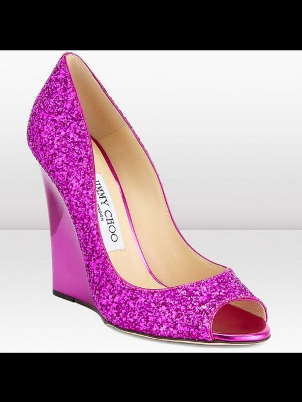 Jimmy Choo Pink Glitter Peep-Toe Wedge